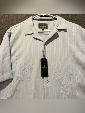 Saints Studio Shirt Mens L blue button up floral textured polyester beach light